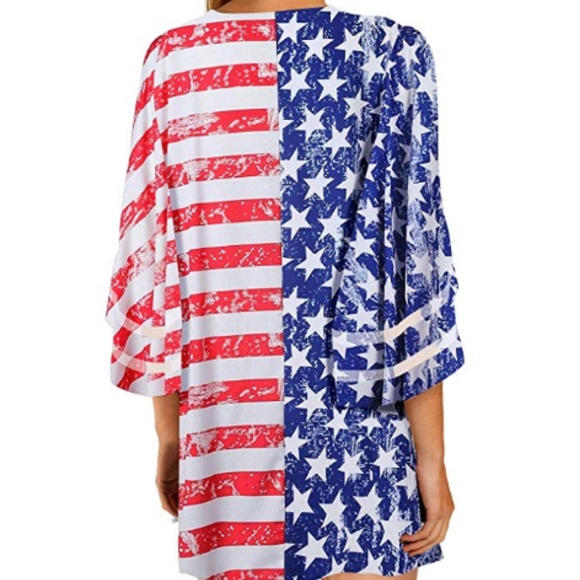 Open Front USA Flag 3/4 Sleeve Mesh Kimono - Picture 2 of 2